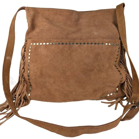 Steve Madden Tan Suede Studded Boho Western Cowgirl Fringed Shoulder Bag - Picture 1 of 12